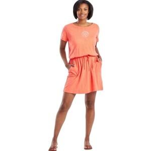 Life is Good Sz M Short Sleeve Textured Slub Cotton Mini Dress Orange Rising Sun